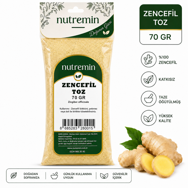 Nutremin Zencefil Toz 70 gr paketi, taze zencefil kökü ve ürün özelliklerini gösteren simgeler