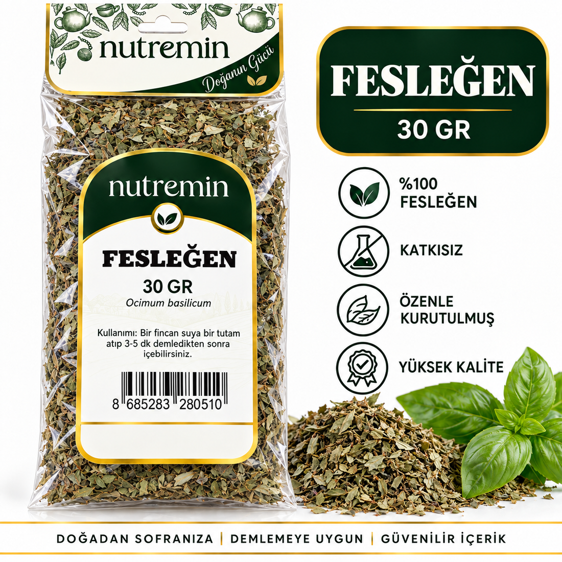 Nutremin Fesleğen 30 gr, şeffaf paket, kuru fesleğen yığını ve taze yapraklarla bilgi görseli.