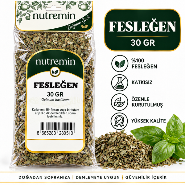Nutremin Fesleğen 30 gr, şeffaf paket, kuru fesleğen yığını ve taze yapraklarla bilgi görseli.