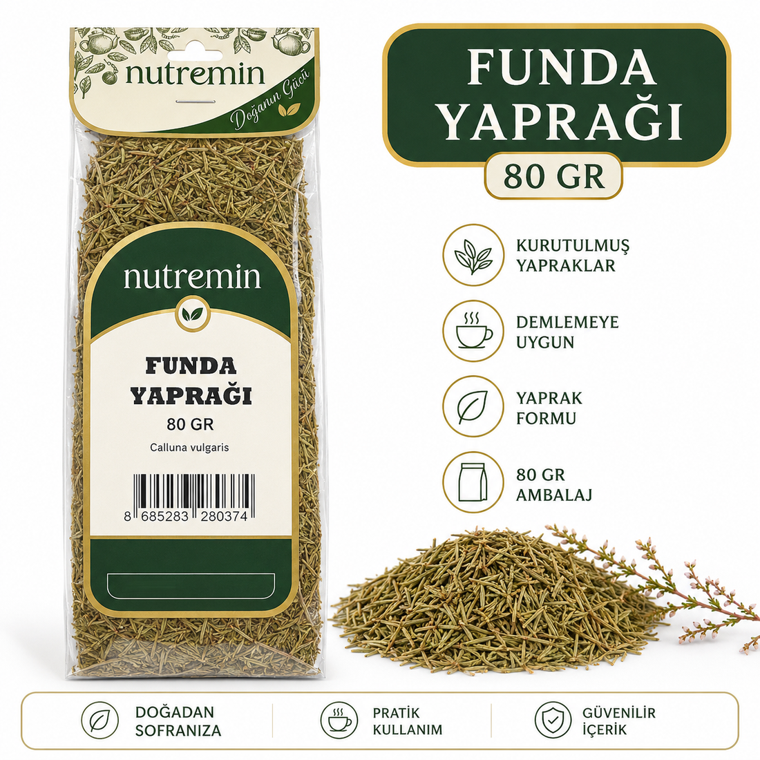 Nutremin Funda Yaprağı 80 gr, paket, kurutulmuş yaprak yığını ve ürün özelliklerini gösteren simgeler