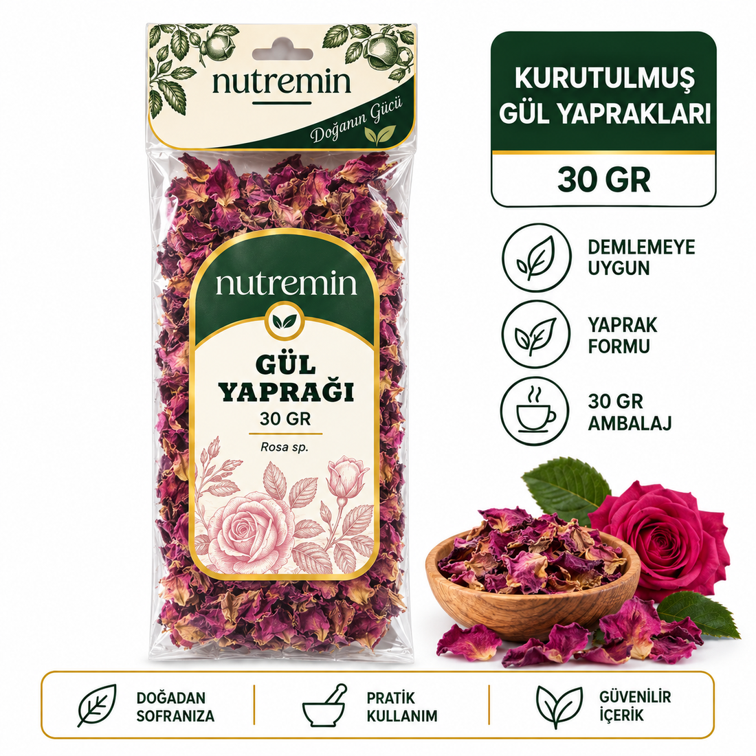 Nutremin Gül Yaprağı 30 gr paket, kuru gül yaprakları dolu ahşap kase ve pembe gül