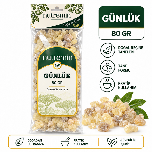 Nutremin Günlük 80 gr, beyaz fonda ürün paketi, reçine taneleri ve simgeli bilgi görseli.