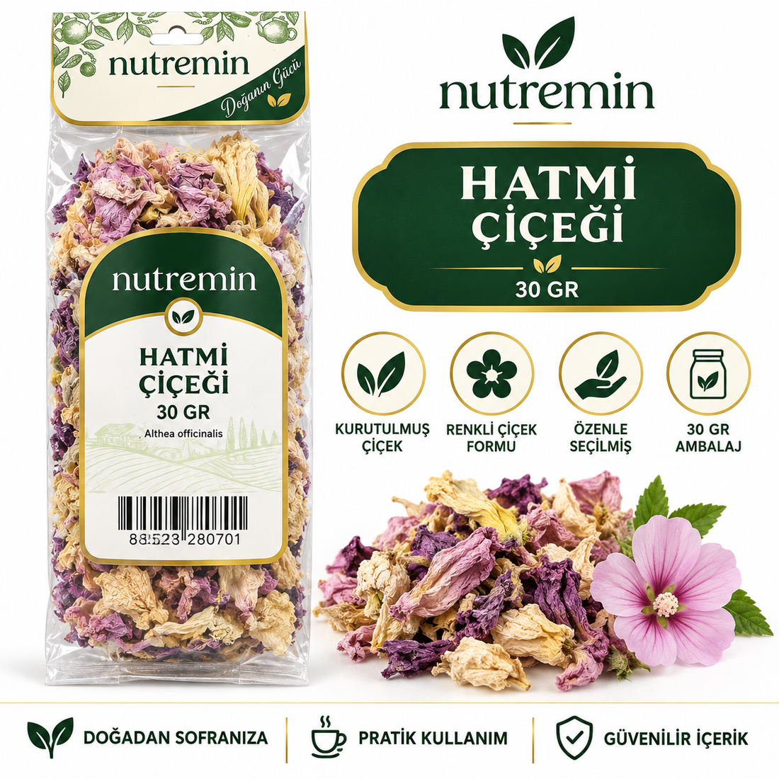 Nutremin Hatmi Çiçeği 30 gr paket, kurutulmuş çiçekler ve pembe çiçek içeren tanıtım görseli