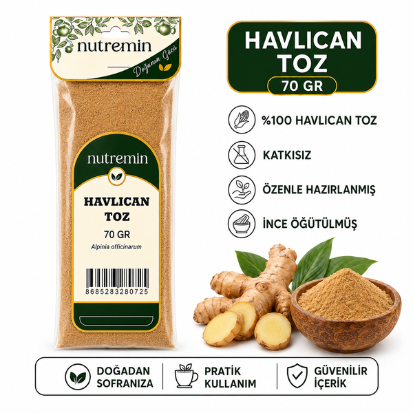 Nutremin Havlıcan Toz 70 gr paket, toz dolu kase, kökler ve yapraklarla ürün tanıtım görseli