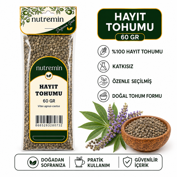 Nutremin Hayıt Tohumu 60 gr paketinin yanında tohum dolu ahşap kase ve mor çiçekli bitki
