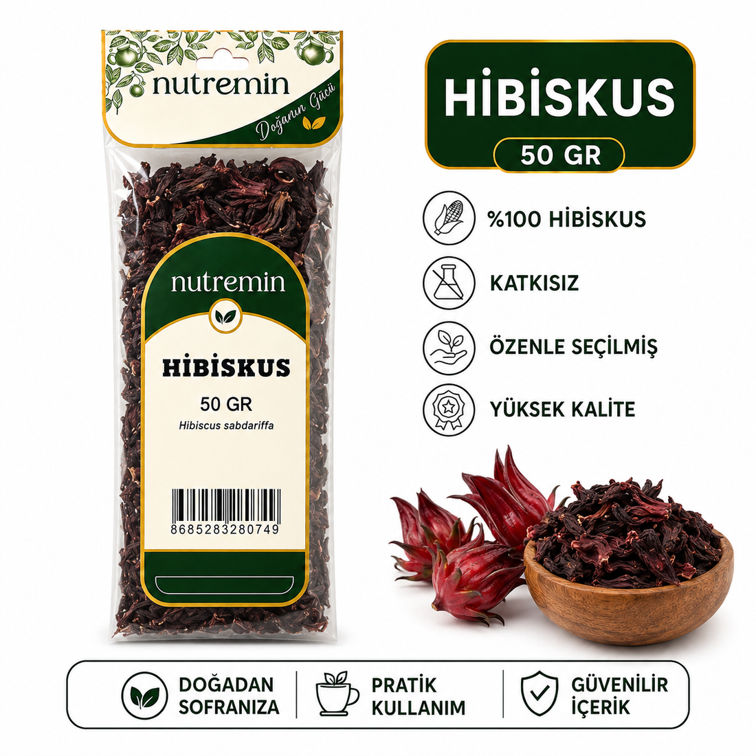 Nutremin Hibiskus 50 gr, şeffaf paket ve kurutulmuş hibiskus dolu ahşap kase.