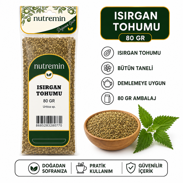 Nutremin Isırgan Tohumu 80 gr paketinin yanında tohum dolu ahşap kase ve ısırgan yaprakları