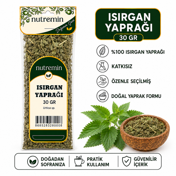 Nutremin Isırgan Yaprağı 30 gr, paket, taze yapraklar ve kuru yaprak dolu kaseyle bilgi görseli.