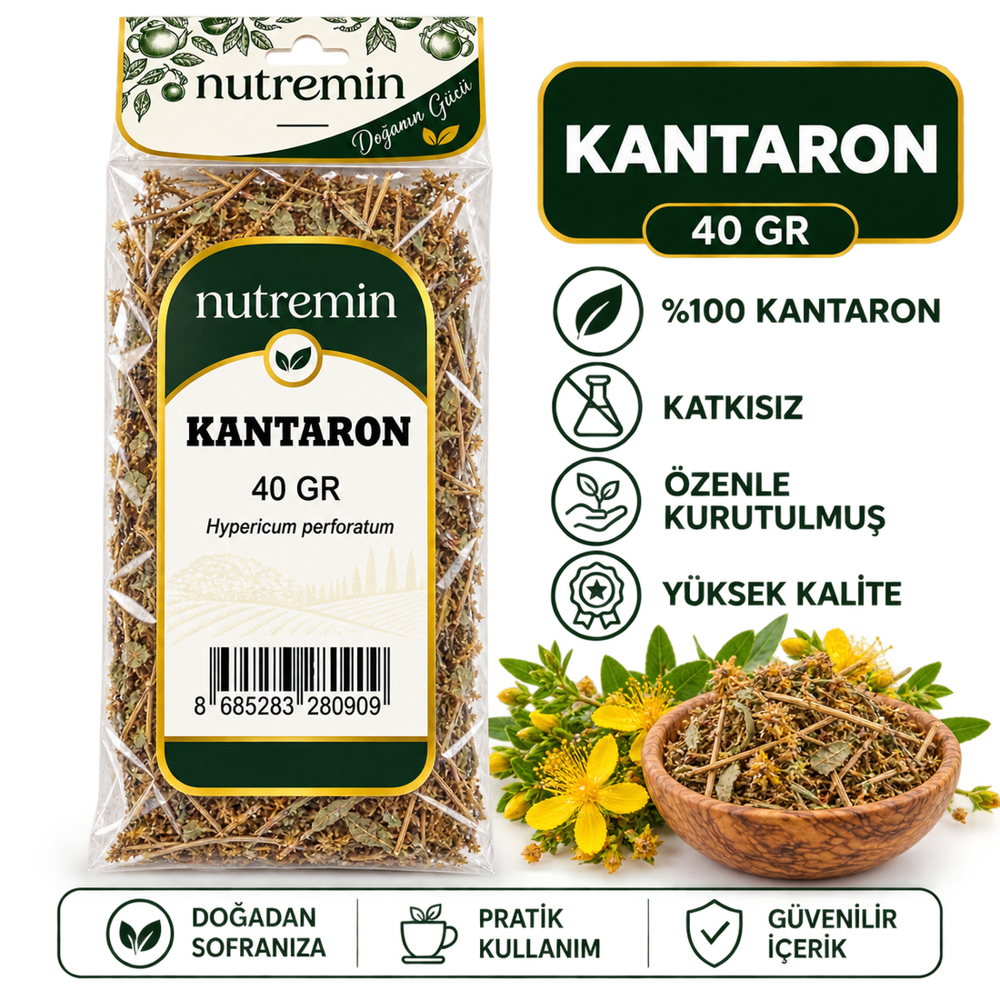 Nutremin Kantaron 40 gr paketinin yanında kuru bitki dolu ahşap kase ve sarı çiçekler