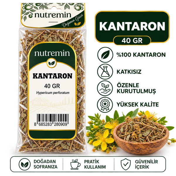 Nutremin Kantaron 40 gr paketinin yanında kuru bitki dolu ahşap kase ve sarı çiçekler