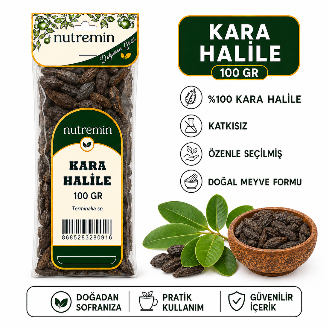 Nutremin Kara Halile 100 gr, şeffaf paket, kuru meyve dolu desenli kase ve yeşil yapraklar.