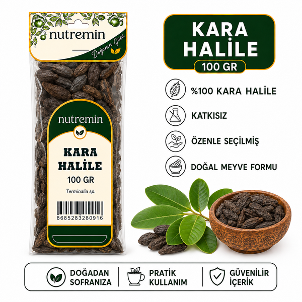 Nutremin Kara Halile 100 gr, şeffaf paket, kuru meyve dolu desenli kase ve yeşil yapraklar.