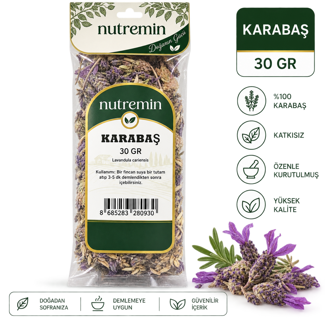 Nutremin Karabaş Otu 30 gr, şeffaf paket, mor çiçekler ve ürün simgelerinin yer aldığı bilgi görseli