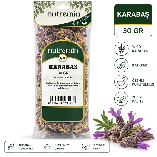 Nutremin Karabaş Otu 30 gr, şeffaf paket, mor çiçekler ve ürün simgelerinin yer aldığı bilgi görseli