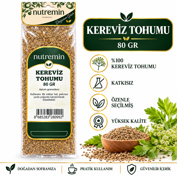 Nutremin Kereviz Tohumu 80 gr, paket, tohum dolu ahşap kase ve bitkiyle hazırlanmış bilgi görseli.
