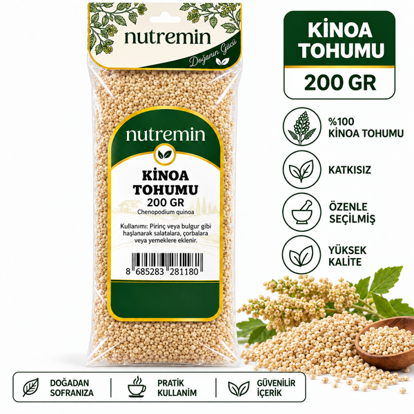 Nutremin Kinoa Tohumu 200 gr paket, kinoa taneleri, ahşap kase ve simgelerle hazırlanmış bilgi görseli