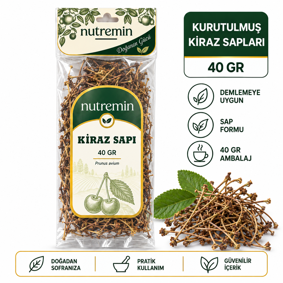 Nutremin Kiraz Sapı 40 gr, beyaz fonda paket, kuru kiraz sapları ve simgeler içeren bilgi görseli.