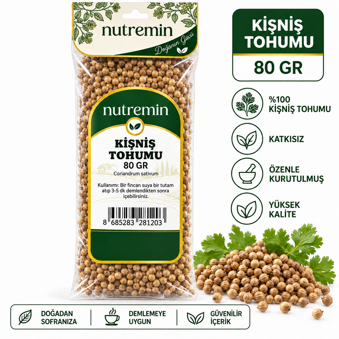 Nutremin Kişniş Tohumu 80 gr paketi, kişniş taneleri, yeşil yapraklar ve simgeli bilgi görseli