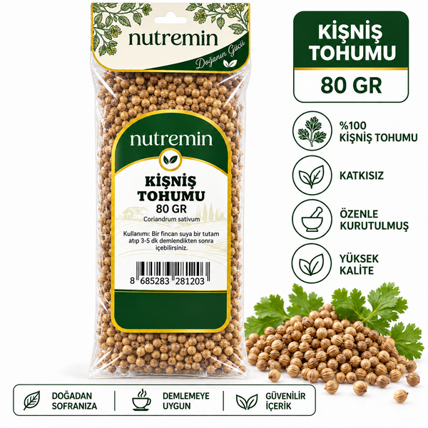 Nutremin Kişniş Tohumu 80 gr paketi, kişniş taneleri, yeşil yapraklar ve simgeli bilgi görseli