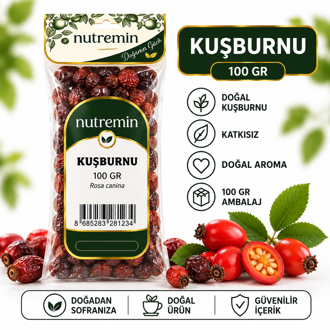 Nutremin Kuşburnu 100 gr, paket, taze kuşburnu meyveleri ve ürün özelliklerini gösteren simgeler.