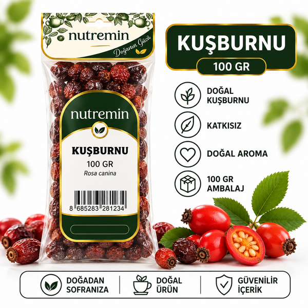 Nutremin Kuşburnu 100 gr, paket, taze kuşburnu meyveleri ve ürün özelliklerini gösteren simgeler.