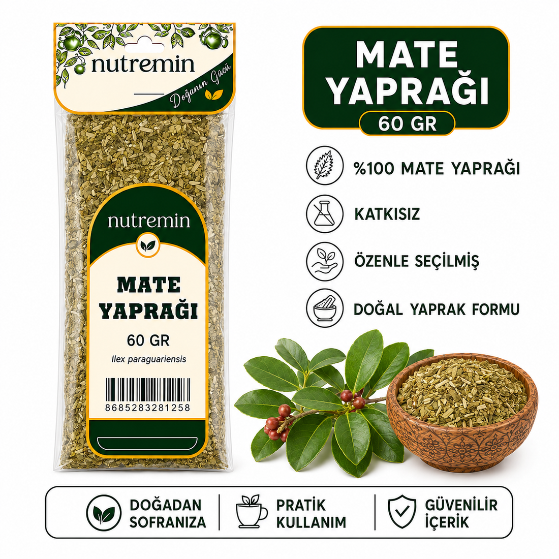 Nutremin Mate Yaprağı 60 gr paketinin, yapraklı dalların ve kuru yaprak dolu kasenin yer aldığı görsel