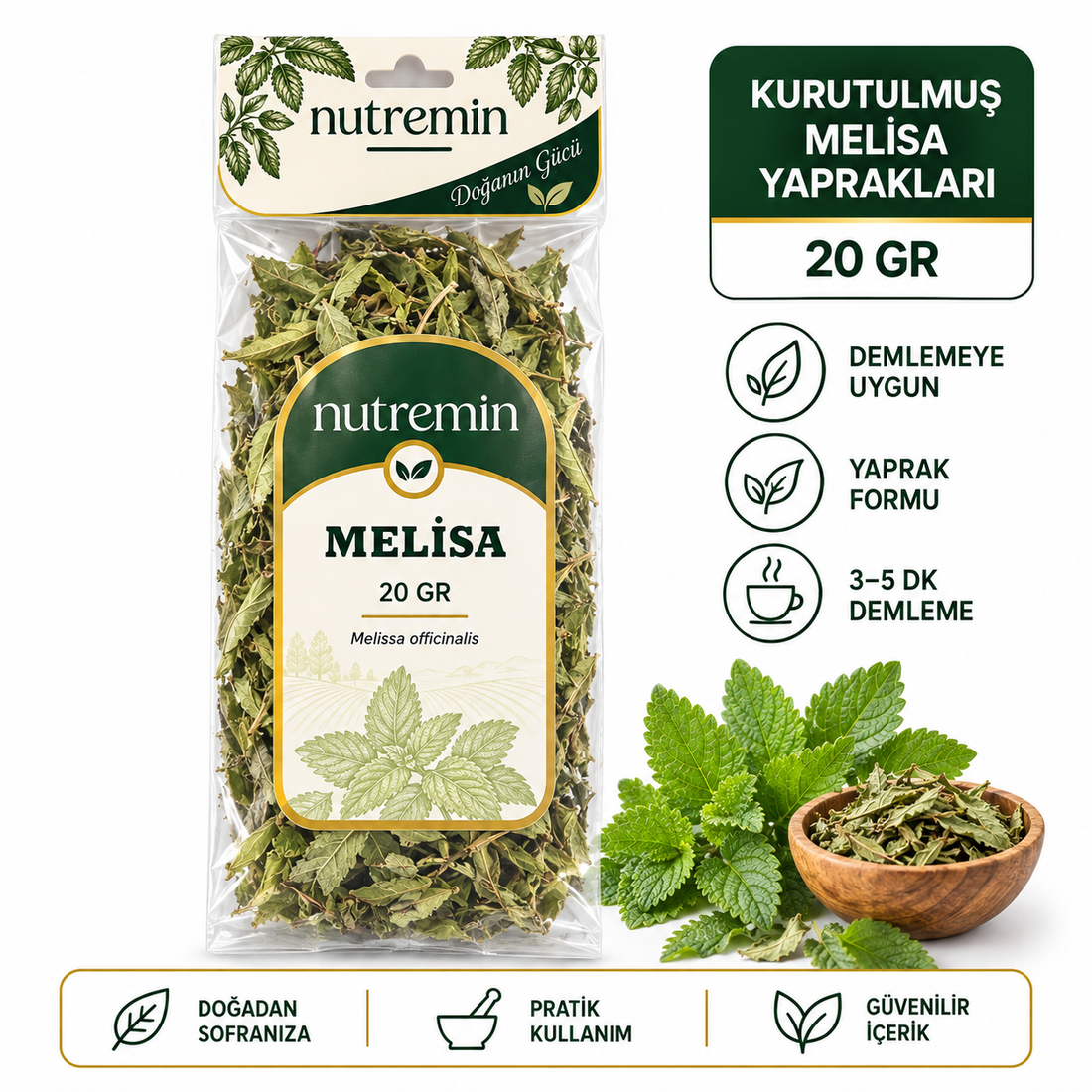 Nutremin Melisa 20 gr, şeffaf paket, taze yapraklar, kuru yaprak dolu ahşap kase ve simgeler