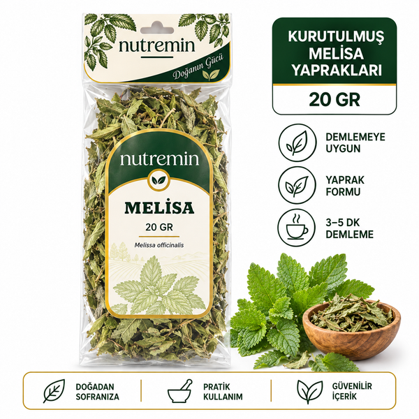Nutremin Melisa 20 gr, şeffaf paket, taze yapraklar, kuru yaprak dolu ahşap kase ve simgeler