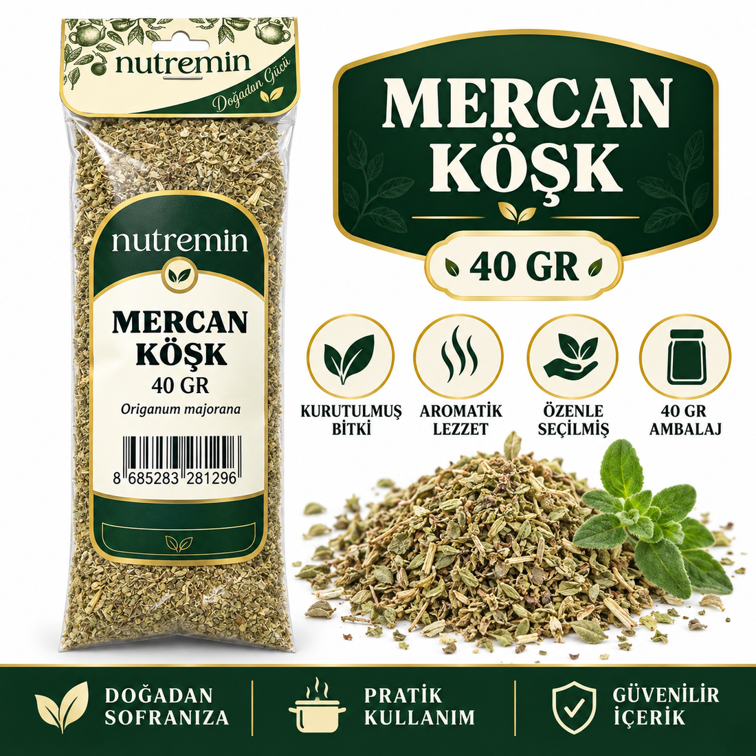 Nutremin Mercan Köşk 40 gr paketinin yanında kurutulmuş bitki yığını ve taze yeşil yapraklar