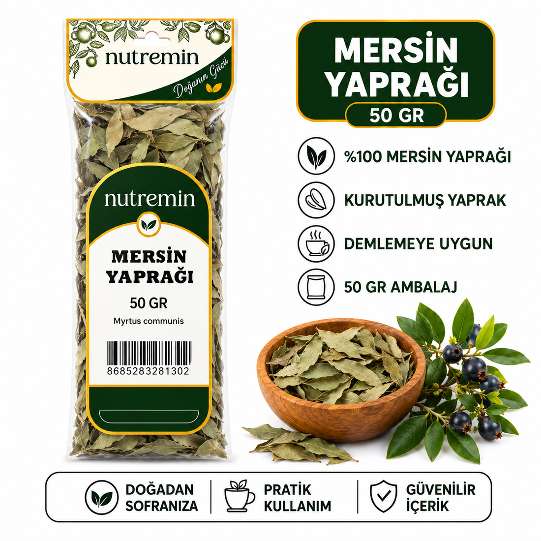 Nutremin Mersin Yaprağı 50 gr, paket, kuru yaprak kasesi ve mersin dallarıyla bilgi görseli.