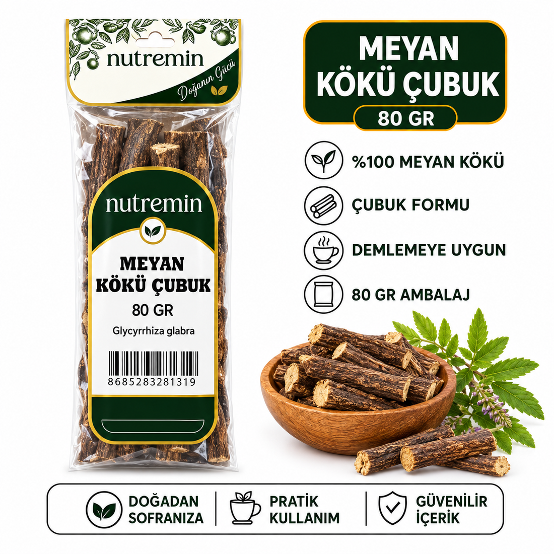 Nutremin Meyan Kökü Çubuk 80 gr, paket, kök çubuklarıyla dolu ahşap kase ve simgeli bilgi görseli.