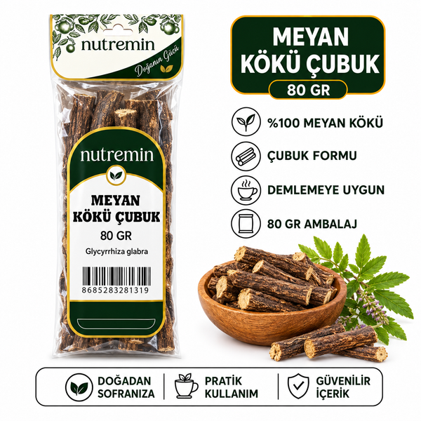 Nutremin Meyan Kökü Çubuk 80 gr, paket, kök çubuklarıyla dolu ahşap kase ve simgeli bilgi görseli.