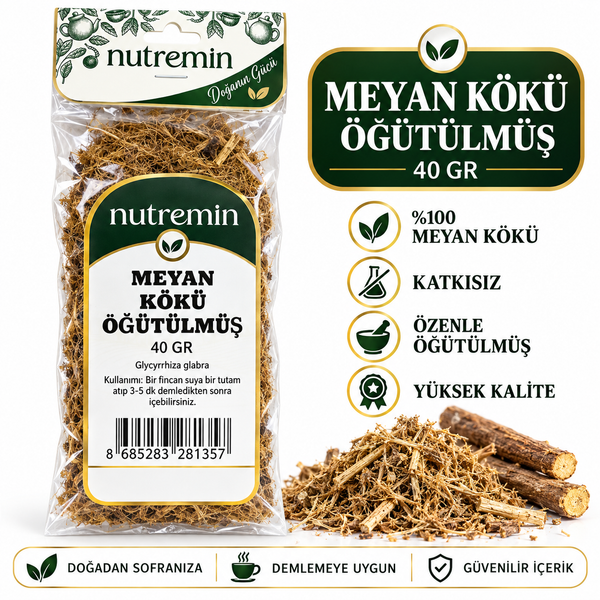 Nutremin Meyan Kökü Öğütülmüş 40 gr, paket ve yanında kök parçaları bulunan bilgi görseli