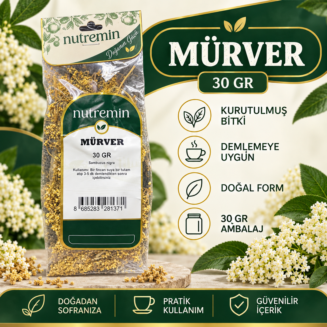 Nutremin Mürver 30 gr paketinin çiçekler ve yapraklarla çevrili ürün bilgi görseli