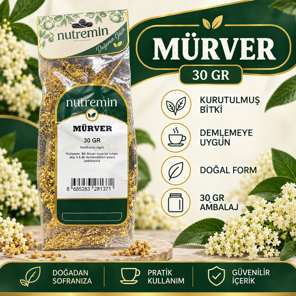 Nutremin Mürver 30 gr paketinin çiçekler ve yapraklarla çevrili ürün bilgi görseli