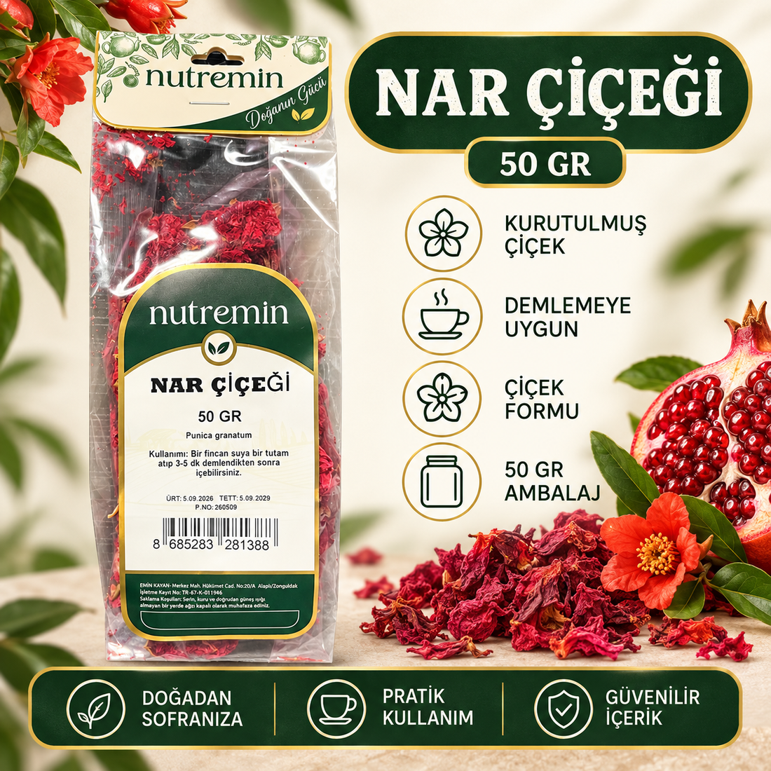 Nutremin Nar Çiçeği 50 gr, paket, kurutulmuş çiçekler ve narın yer aldığı tanıtım görseli.