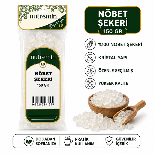 Nutremin Nöbet Şekeri 150 gr, ürün paketi, kristal şeker dolu ahşap kase ve kaşık
