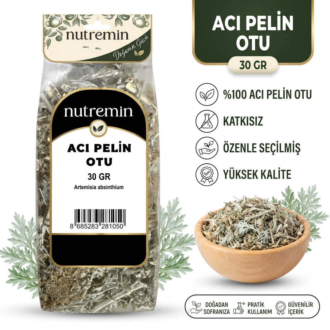 Nutremin Acı Pelin Otu 30 gr, paket, özellik simgeleri ve ürün dolu ahşap kase