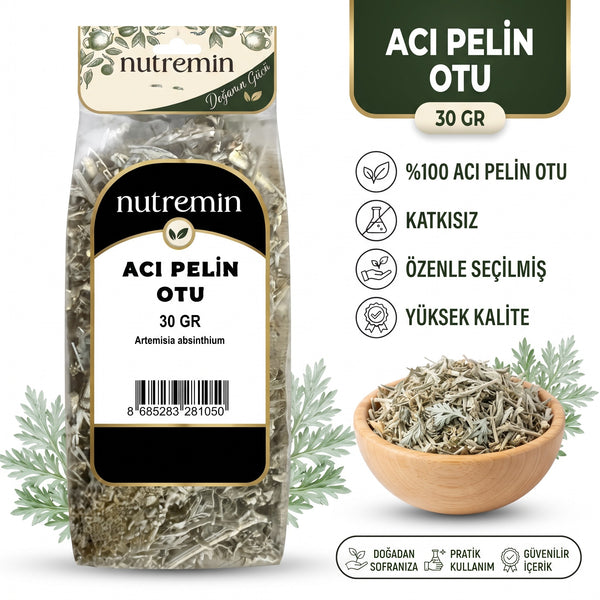 Nutremin Acı Pelin Otu 30 gr, paket, özellik simgeleri ve ürün dolu ahşap kase