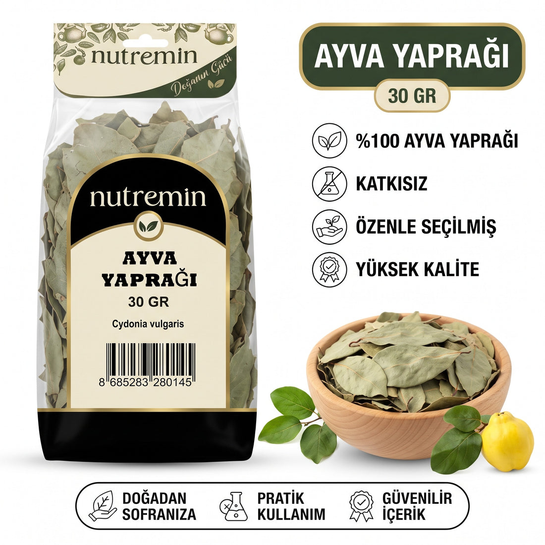 Nutremin Ayva Yaprağı 30 gr, paket, özellik simgeleri ve ürün dolu ahşap kase