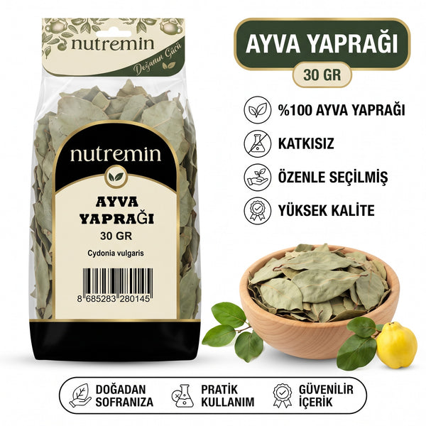 Nutremin Ayva Yaprağı 30 gr, paket, özellik simgeleri ve ürün dolu ahşap kase