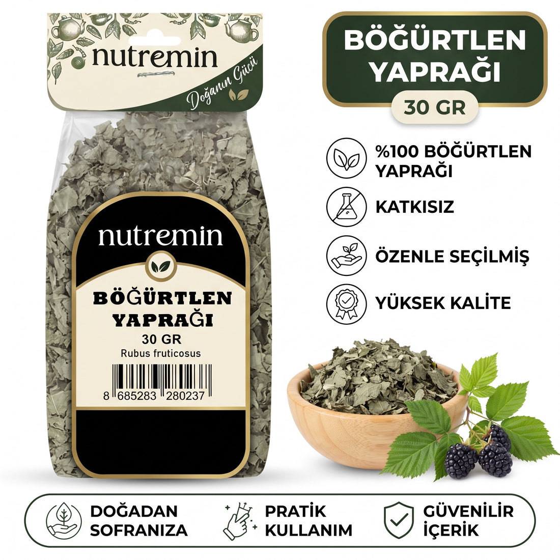 Nutremin Böğürtlen Yaprağı 30 gr, paket, özellik simgeleri ve ürün dolu ahşap kase