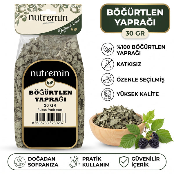 Nutremin Böğürtlen Yaprağı 30 gr, paket, özellik simgeleri ve ürün dolu ahşap kase