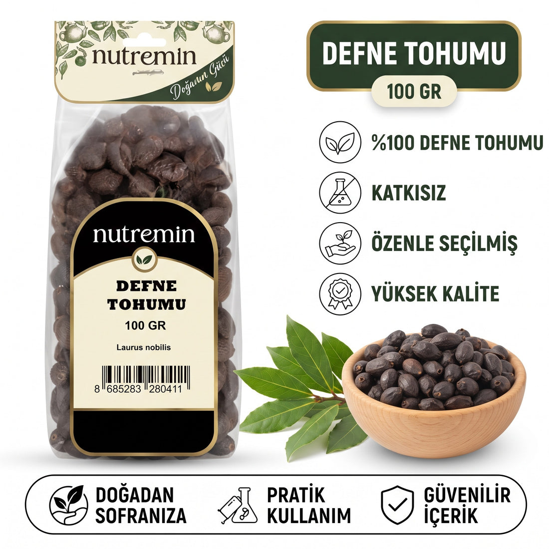 Nutremin Defne Tohumu 100 gr, paket, özellik simgeleri ve ürün dolu ahşap kase