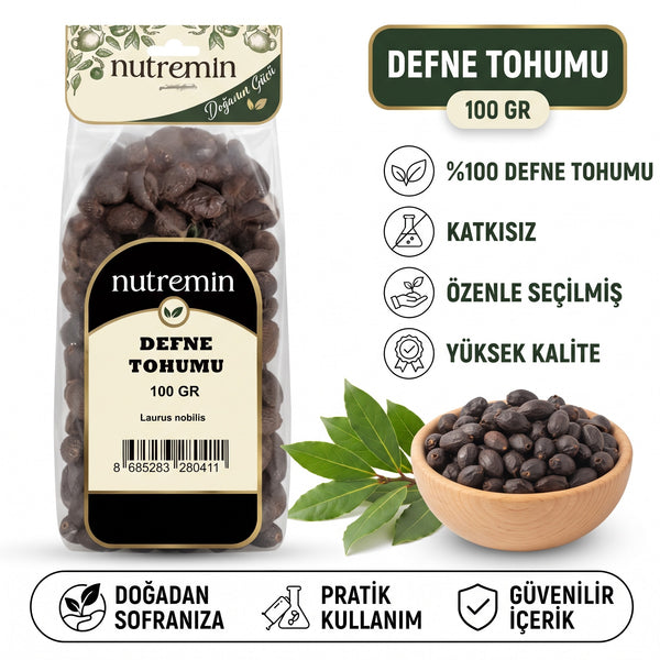 Nutremin Defne Tohumu 100 gr, paket, özellik simgeleri ve ürün dolu ahşap kase