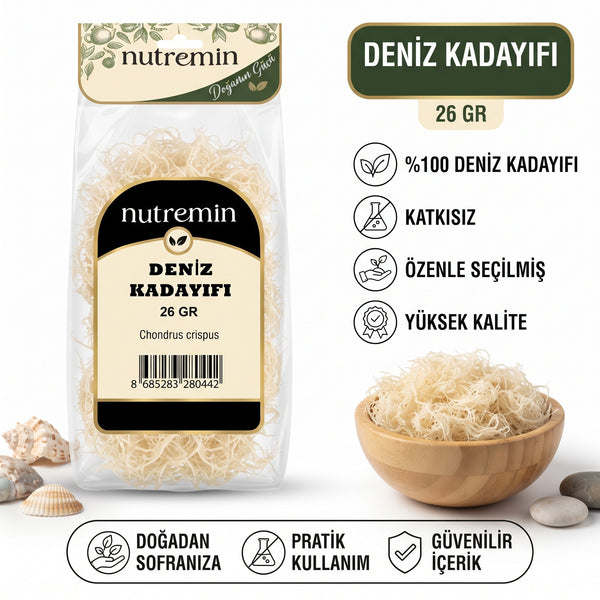 Nutremin Deniz Kadayıfı 26 gr, paket, özellik simgeleri ve ürün dolu ahşap kase
