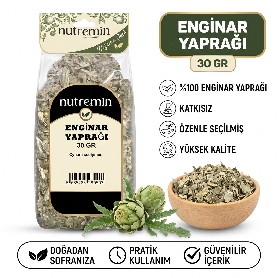 Nutremin Enginar Yaprağı 30 gr, paket, özellik simgeleri ve ürün dolu ahşap kase