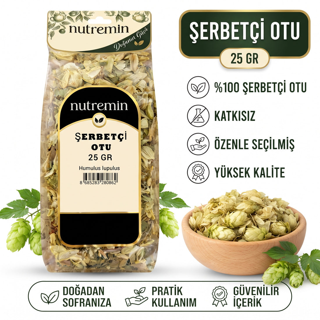 Nutremin Şerbetçiotu 25 gr, paket, özellik simgeleri ve ürün dolu ahşap kase
