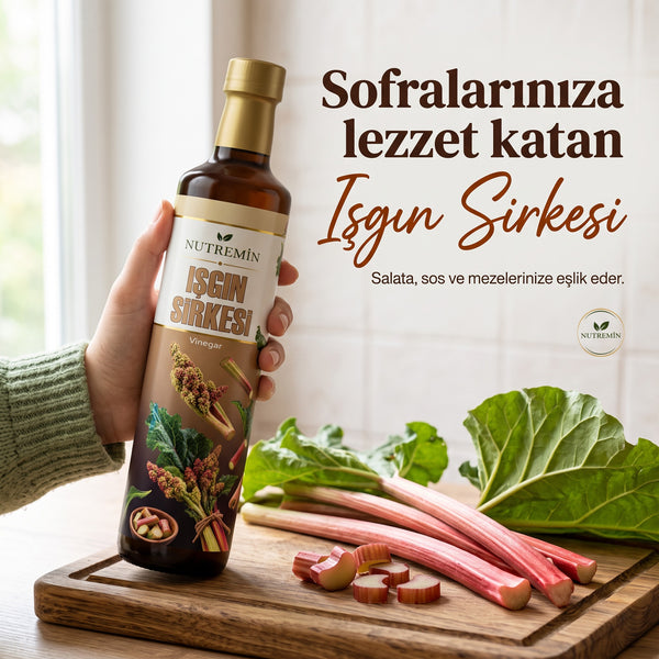 Nutremin Işgın Sirkesi 500 ml, elde tutulan şişe ve ışgın saplarıyla tanıtım görseli