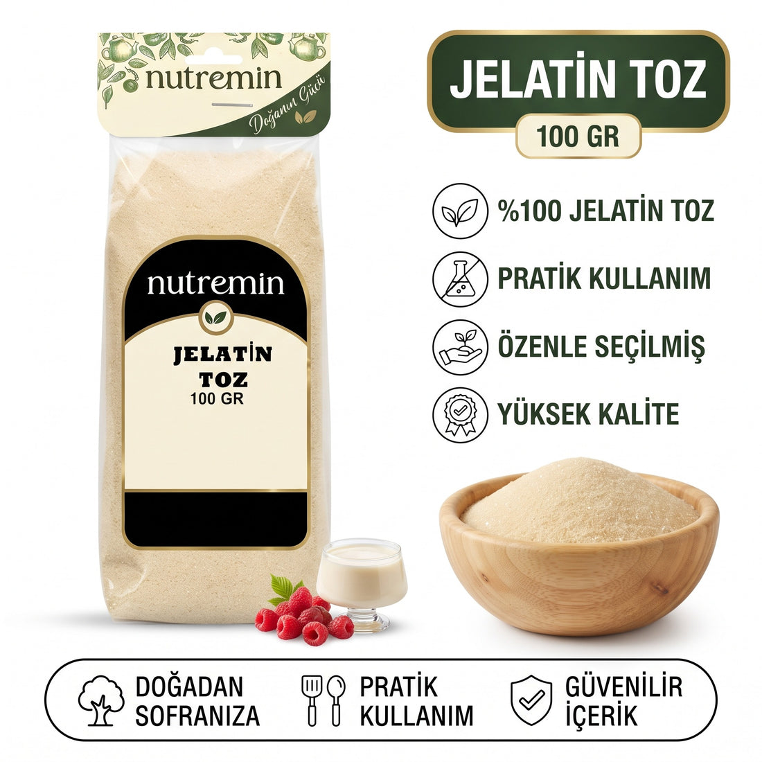 Nutremin Jelatin Toz 100 gr, paket, özellik simgeleri ve ürün dolu ahşap kase